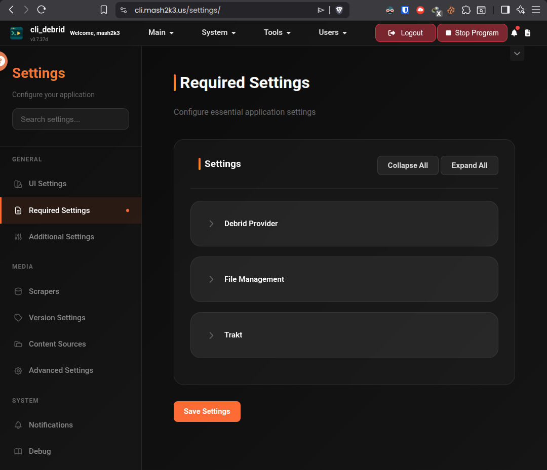 Required settings tab