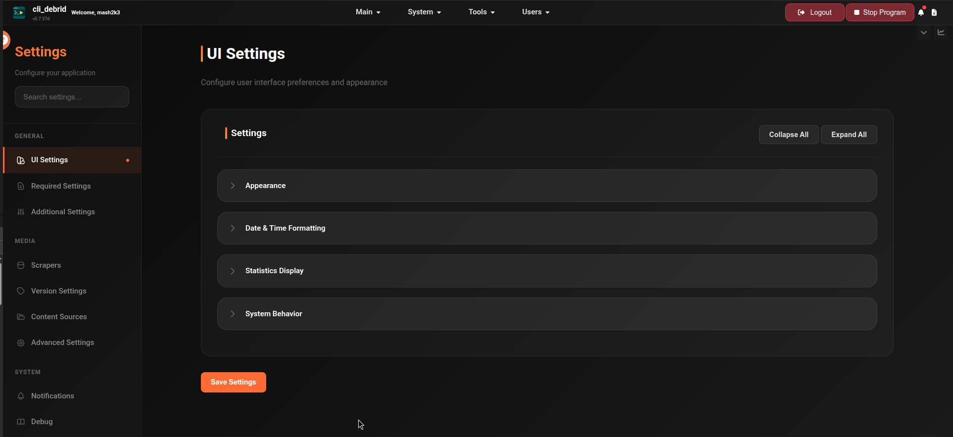 Settings page overview