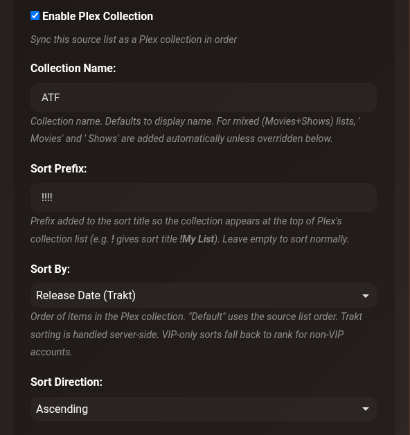 Plex Collection settings