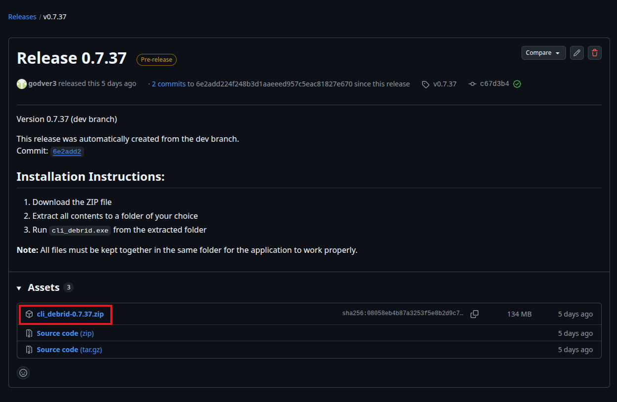GitHub releases page showing Windows download
