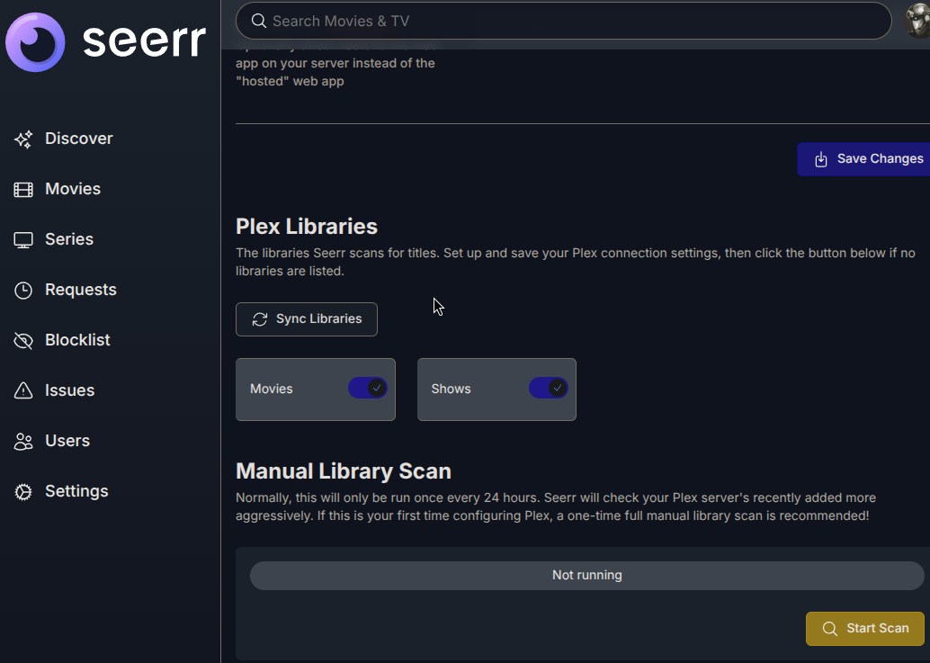 Seerr library sync screen