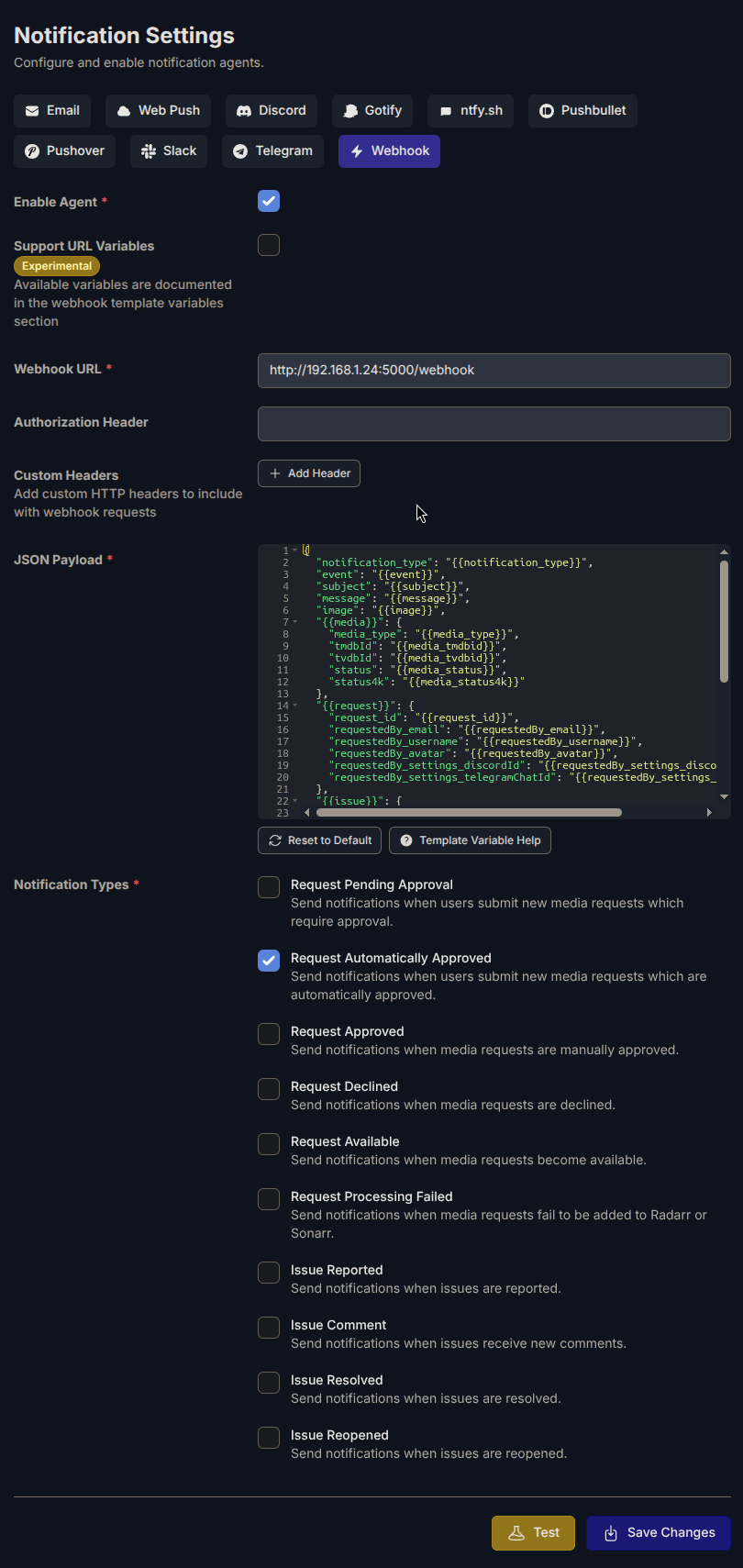 Seerr webhook configuration